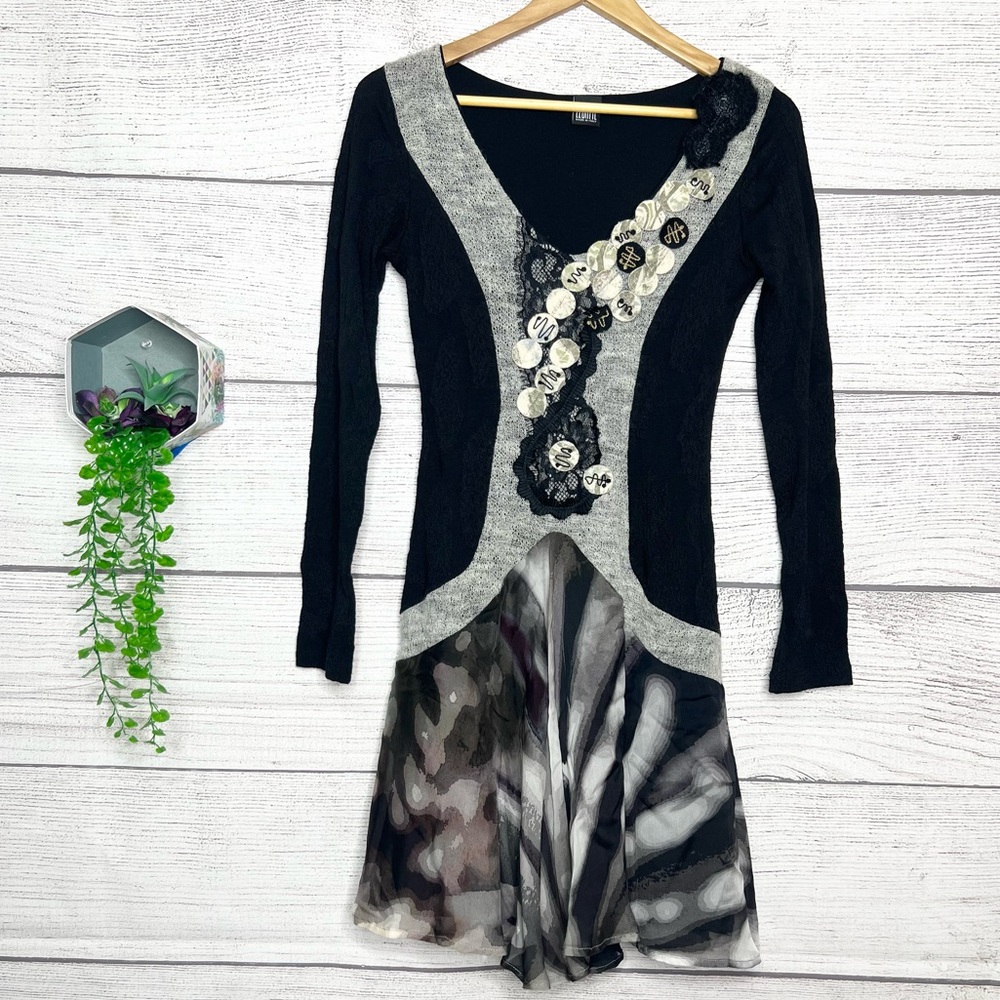 Legatte Italian Designer Silk Mixed Media Black & Gray Whimsy Goth Dress Size 6